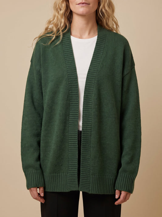 Women's oversized wool blend cardigan in green, side view