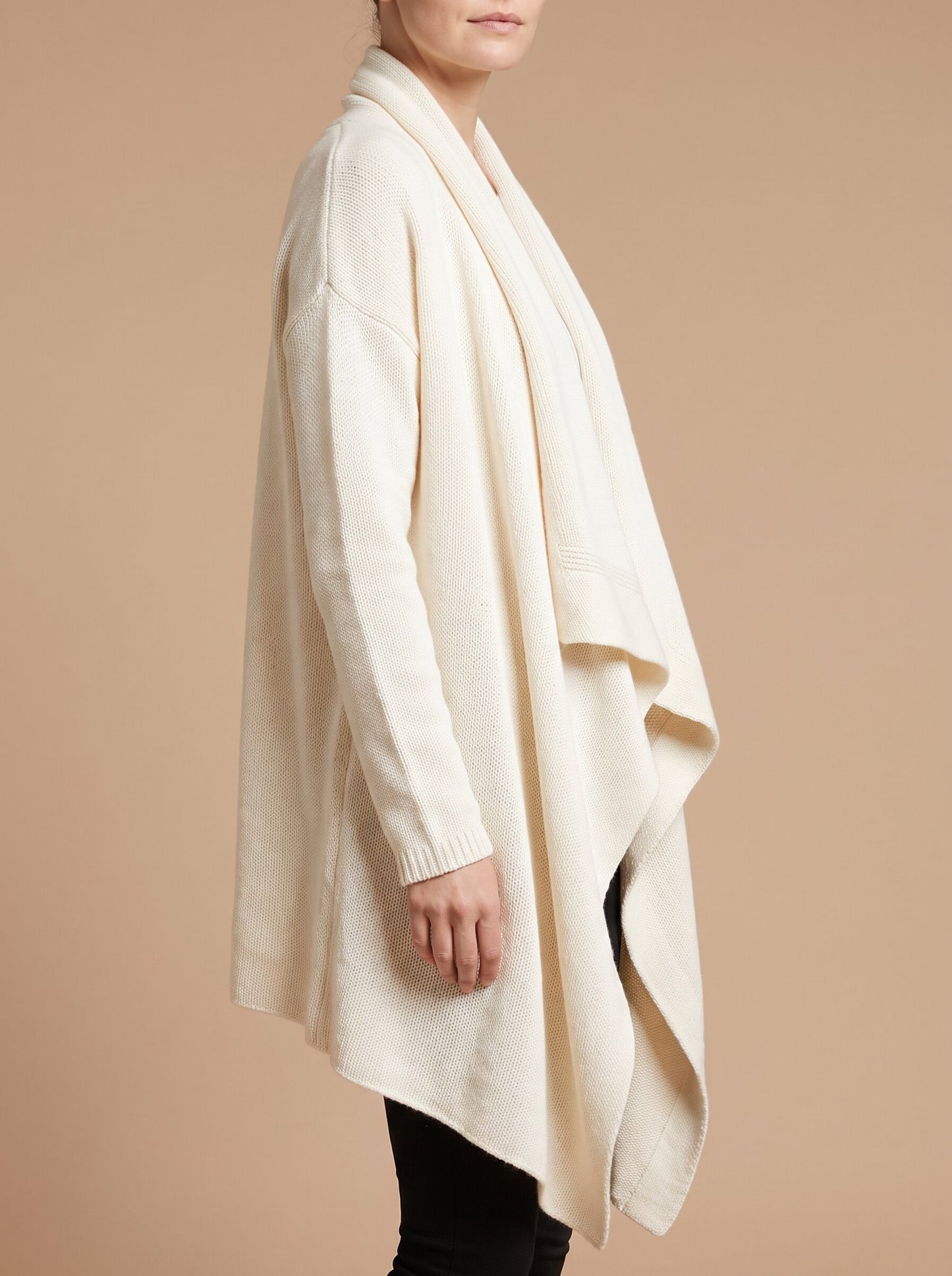 Women's waterfall drape knit cardigan in ivory, side view