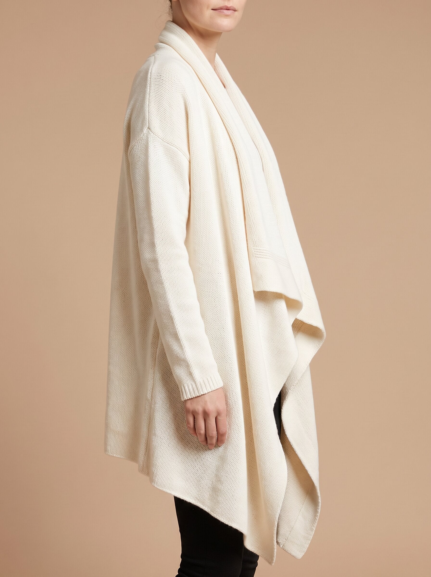 Women's waterfall drape knit cardigan in ivory, side view