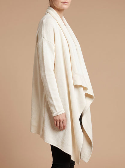 Women's waterfall drape knit cardigan in ivory, side view