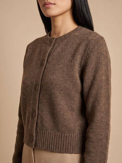 Women's cropped button up cardigan in brown, side view
