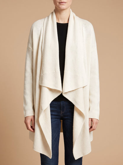 Women's waterfall drape knit cardigan in ivory, front view