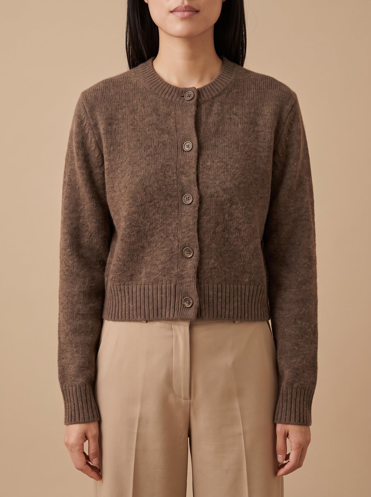 Women's cropped button up cardigan in brown, front view