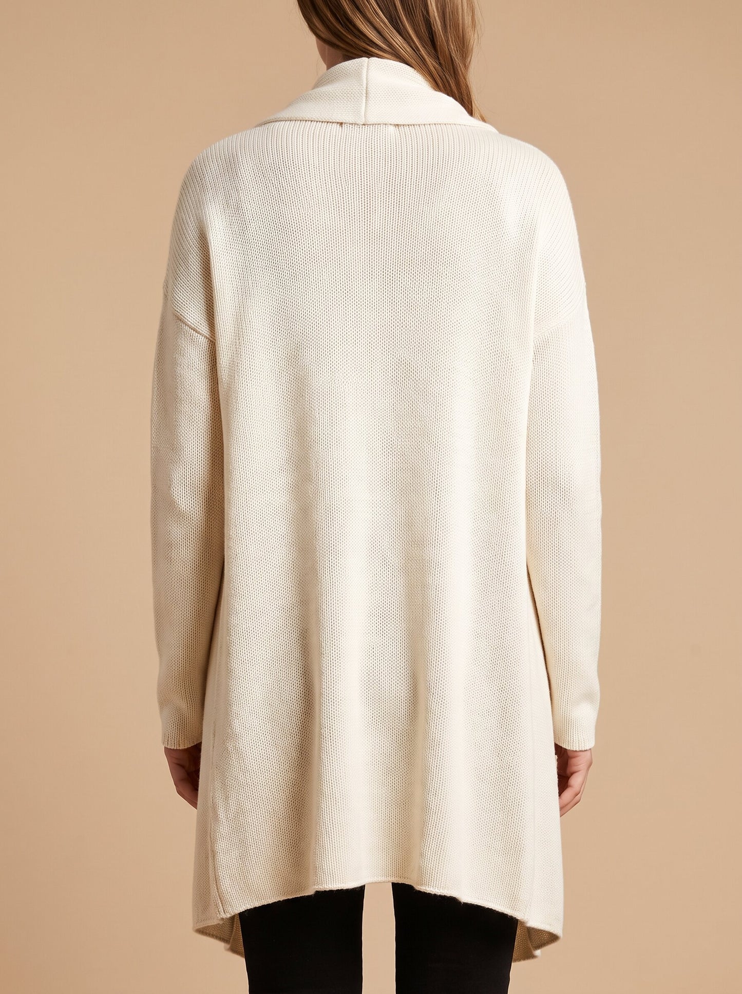Women's waterfall drape knit cardigan in ivory, back view