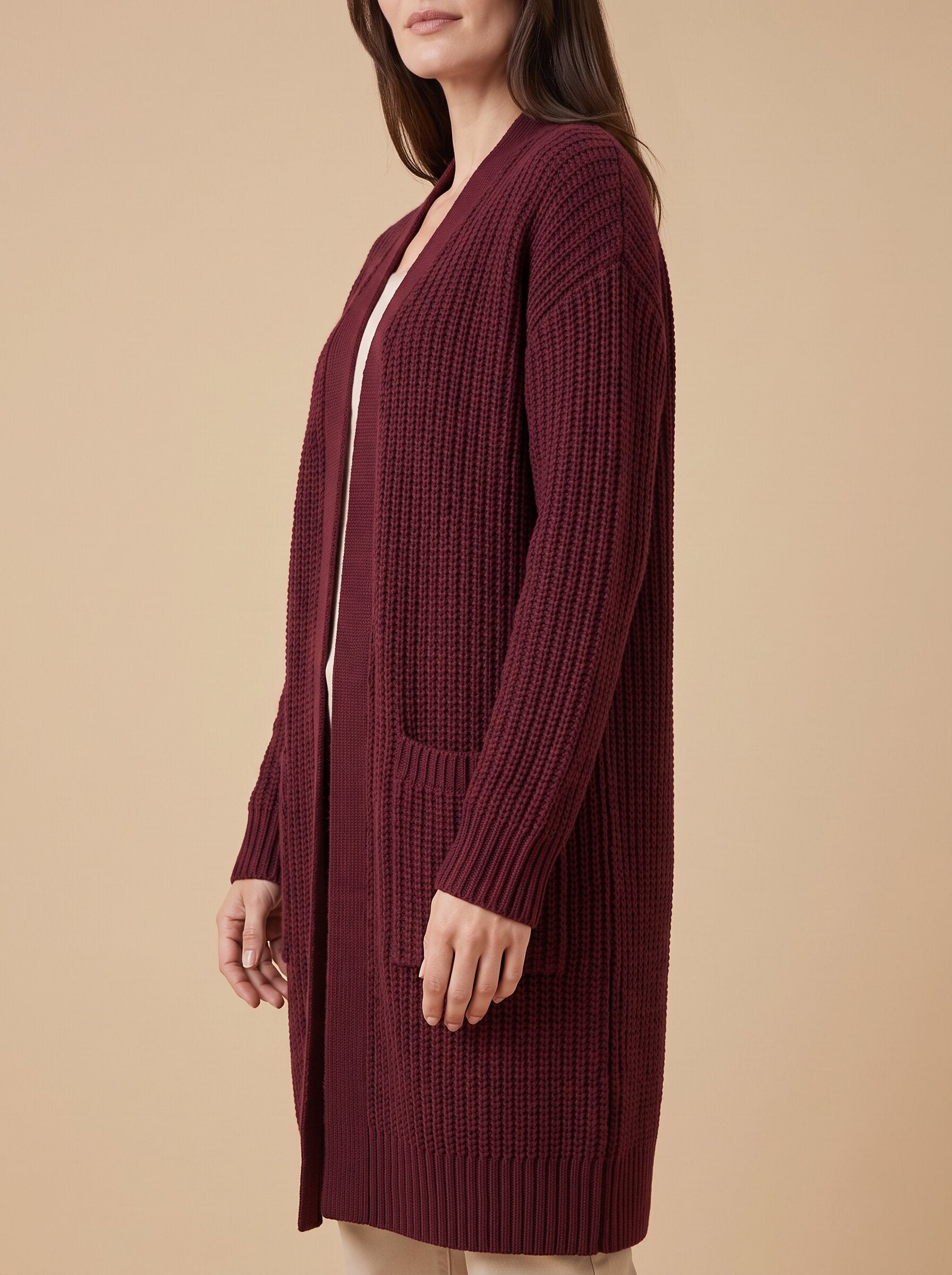 Women's longline open front cardigan in burgundy, side view