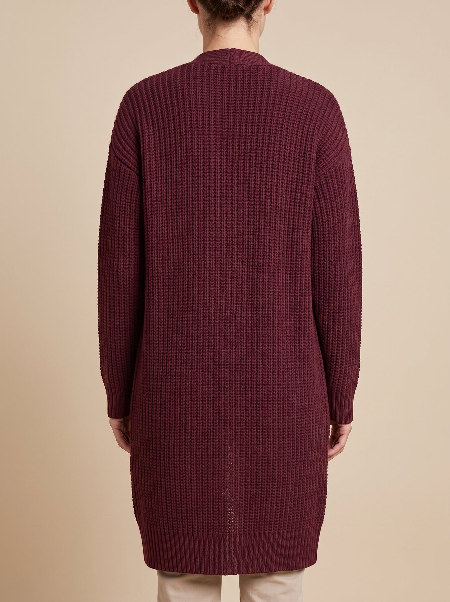 Women's longline open front cardigan in burgundy, back view