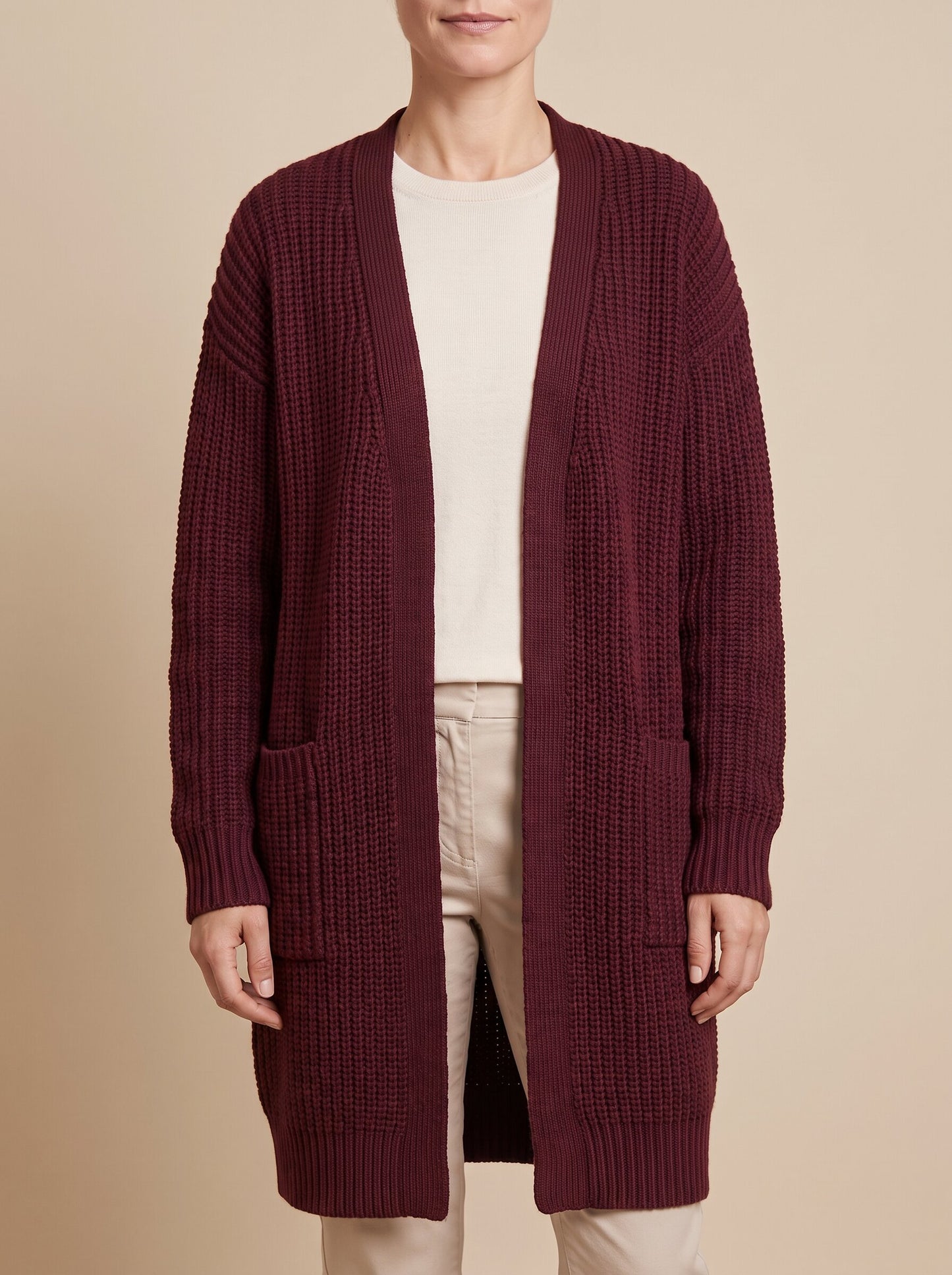 Women's longline open front cardigan in burgundy, front view
