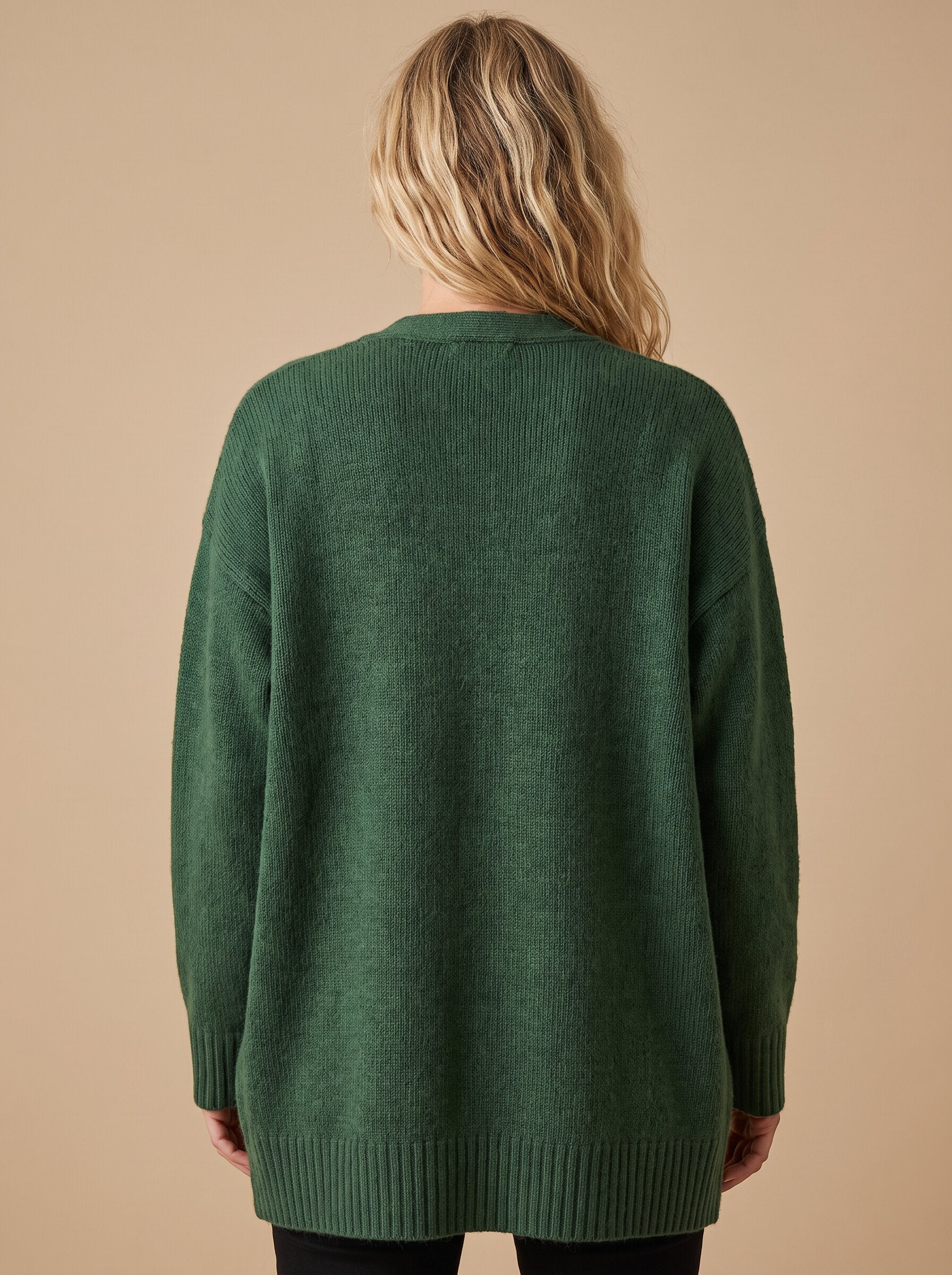 Women's oversized wool blend cardigan in green, back view