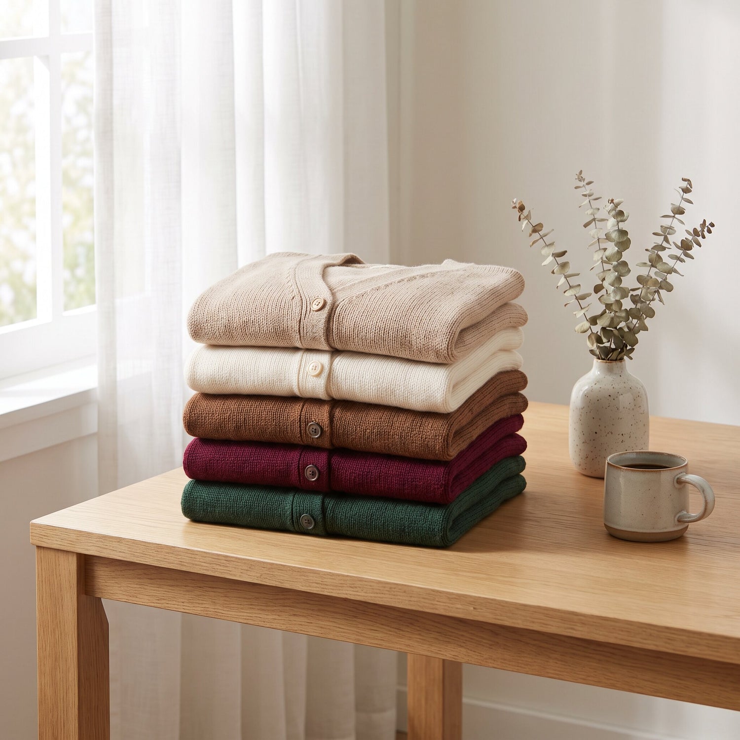 Stack of folded Bella Peart cardigans