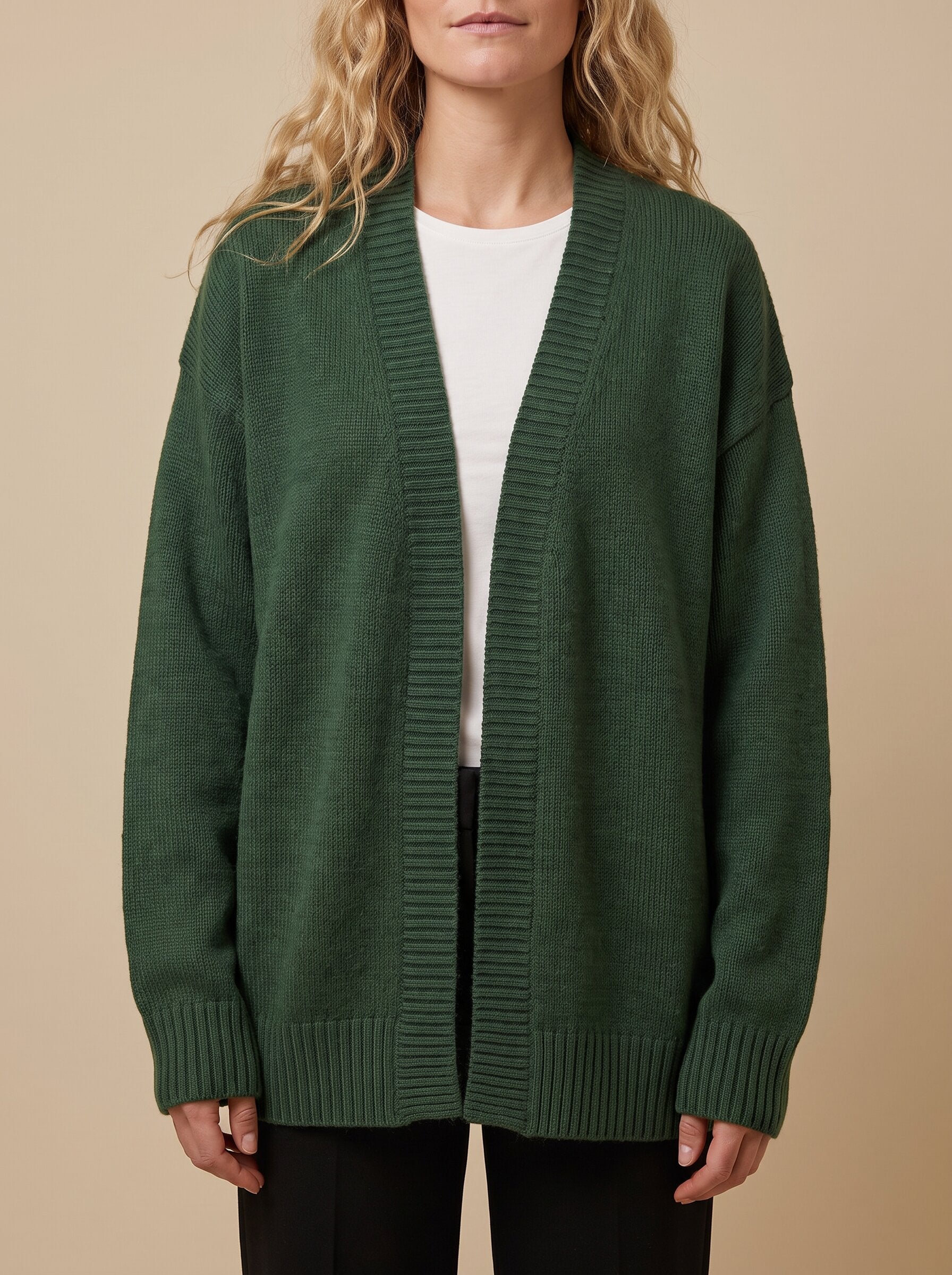 Women's oversized wool blend cardigan in green, side view